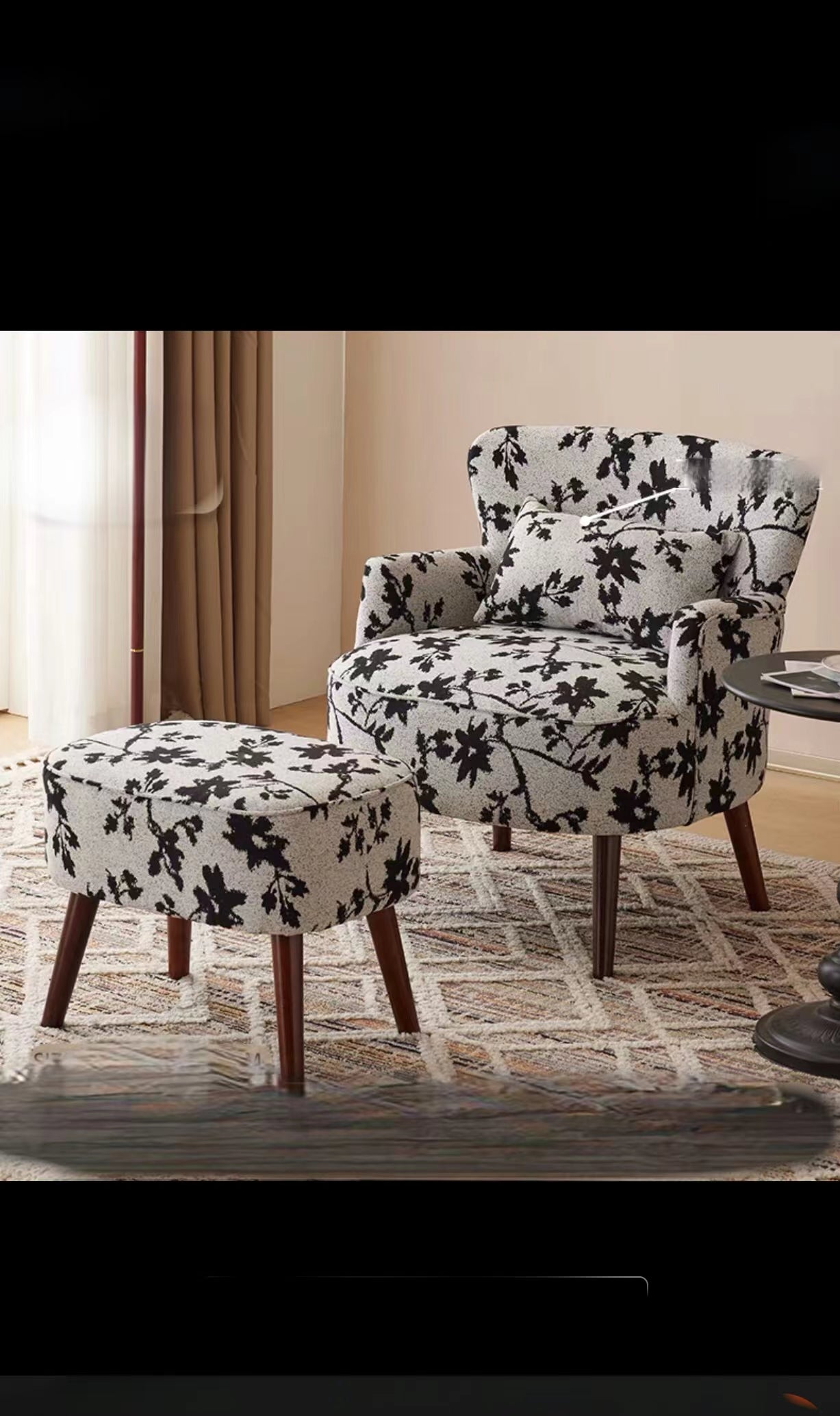 Anndi  Black & White Floral Accent Chair With Ottoman Set - 4 Seasons Home Gadgets