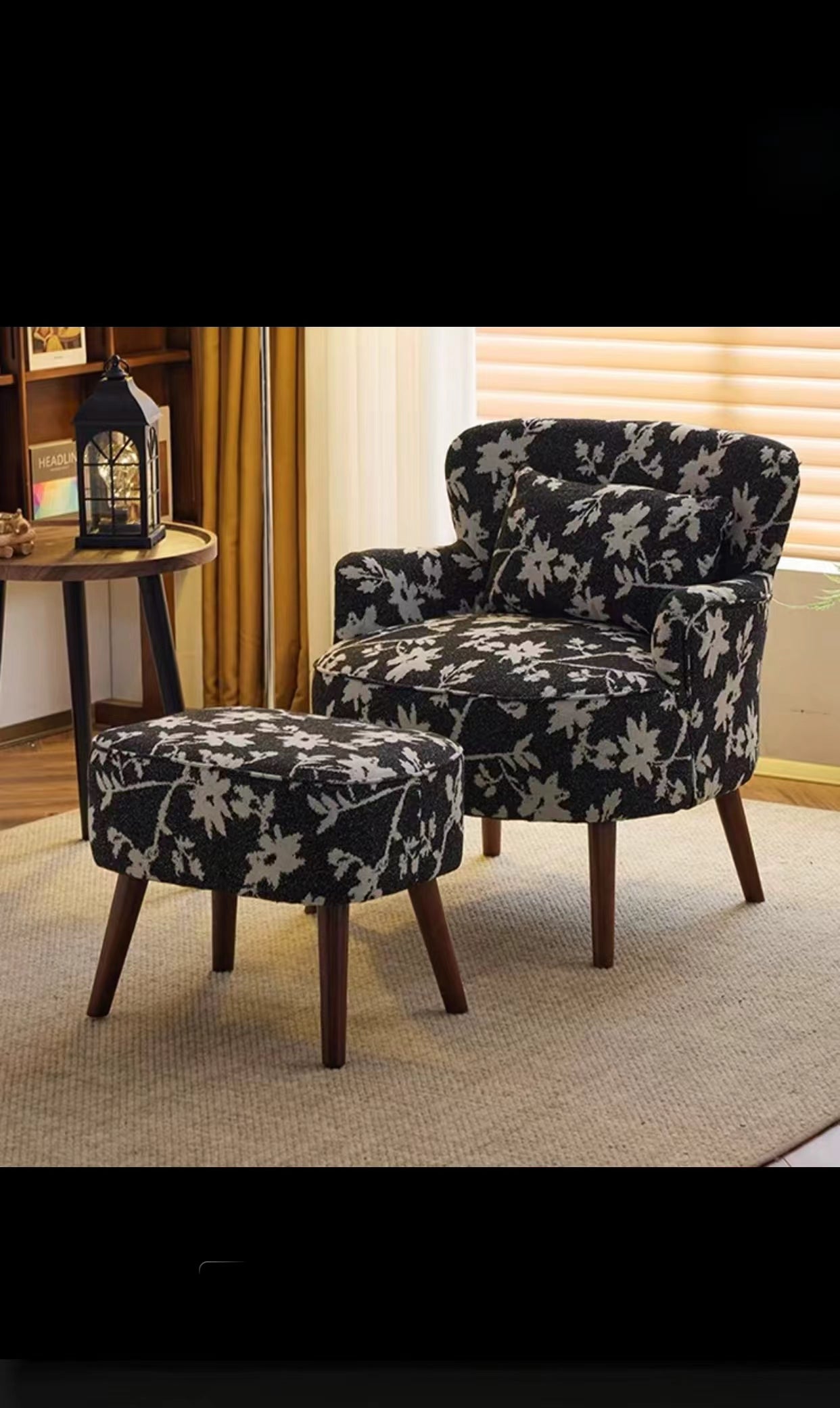 Anndi  Black & White Floral Accent Chair With Ottoman Set - 4 Seasons Home Gadgets