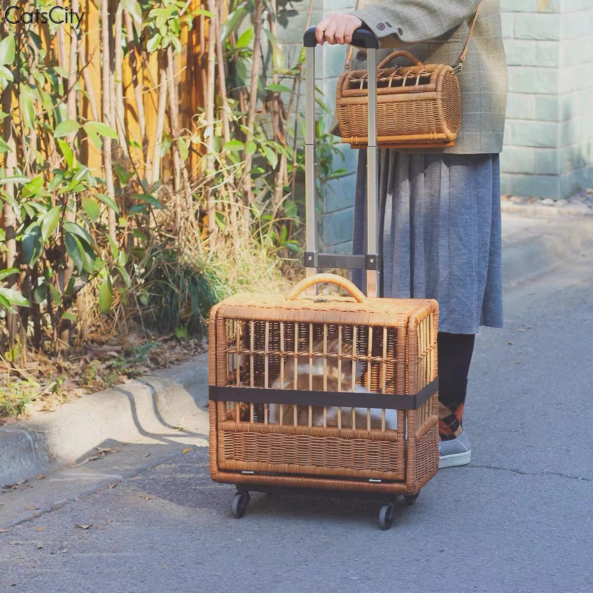 Bamboo Cat and Dog Portable Outdoor Pet Trolley - 4 Seasons Home Gadgets