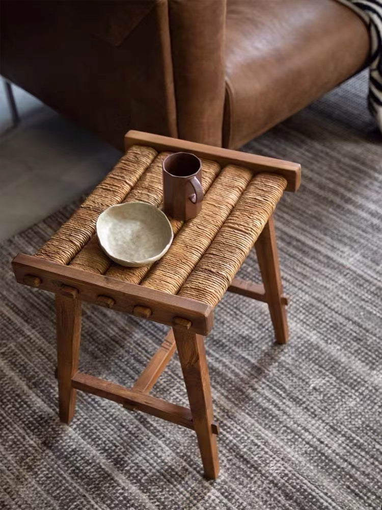 Fey Solid Wood Woven Stool - 4 Seasons Home Gadgets