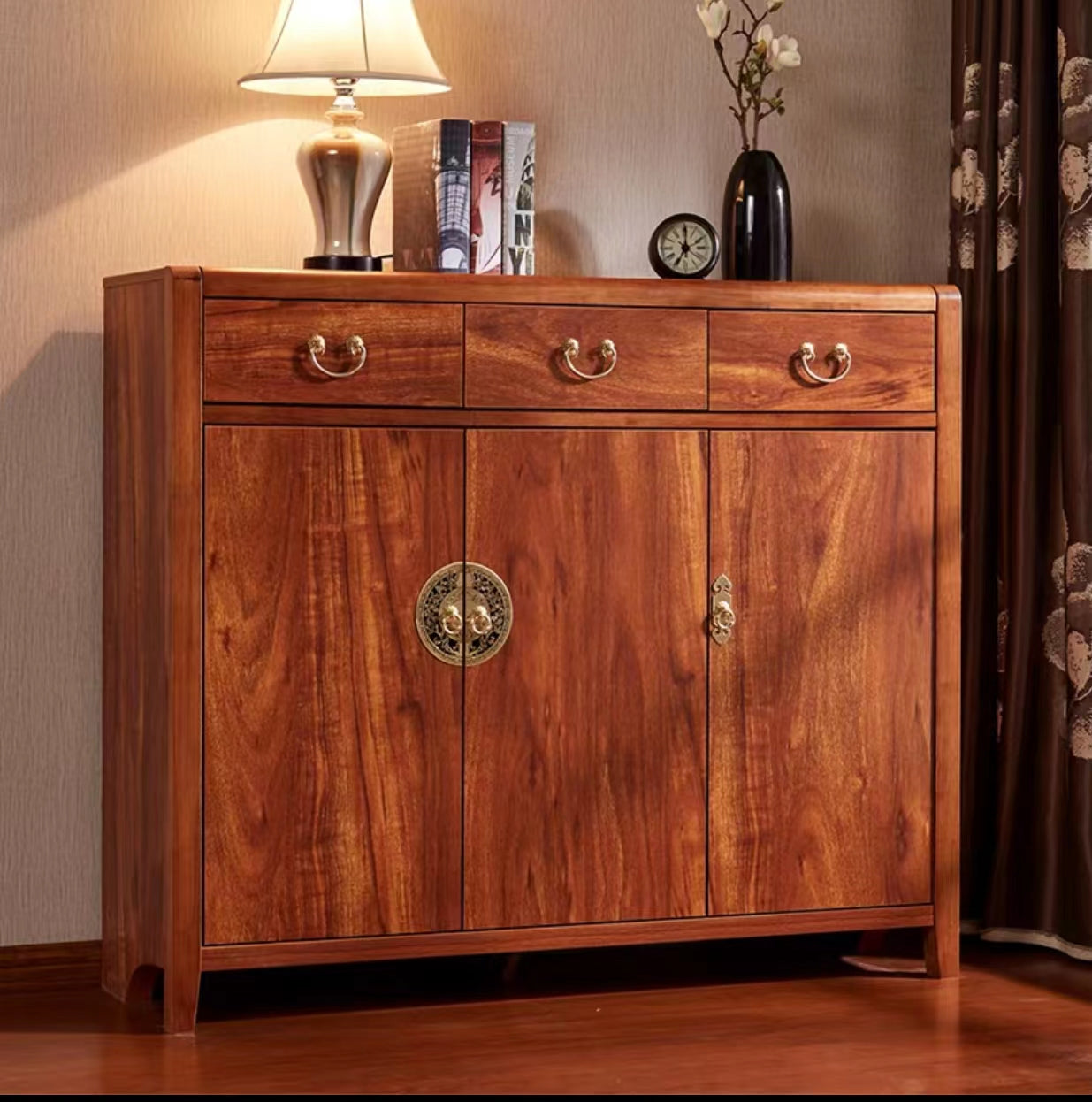 3 Doors & Drawers Cherry Wood Shoe Storage Cabinet - 4 Seasons Home Gadgets