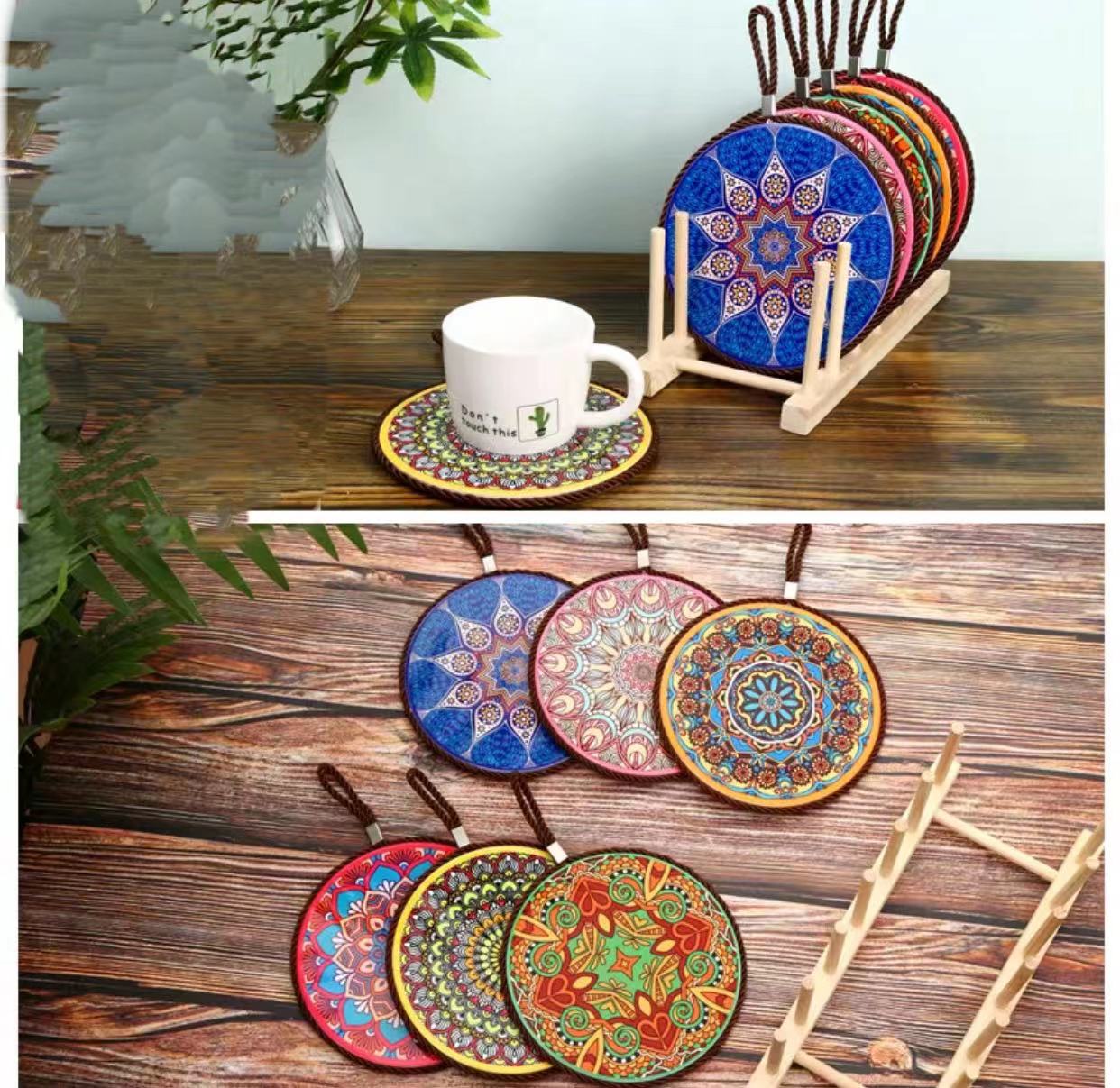 6 Bohemian Ceramic Table Cork Mat Set - 4 Seasons Home Gadgets