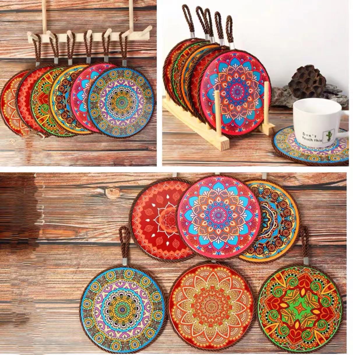 6 Bohemian Ceramic Table Cork Mat Set - 4 Seasons Home Gadgets