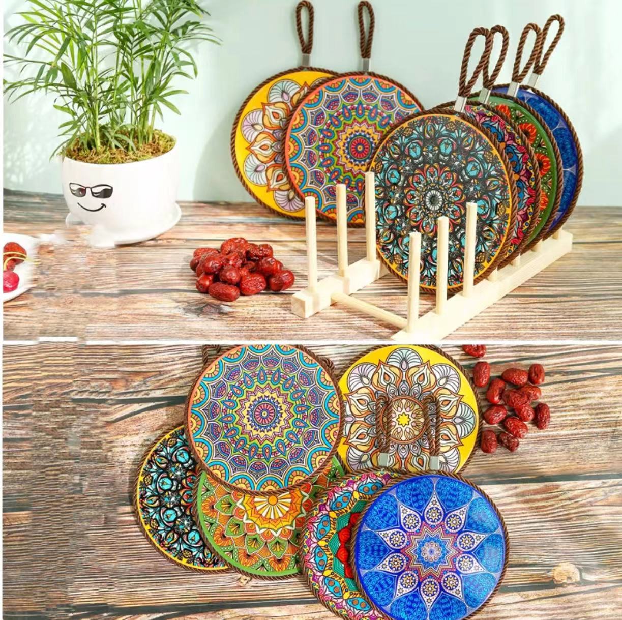 6 Bohemian Ceramic Table Cork Mat Set - 4 Seasons Home Gadgets