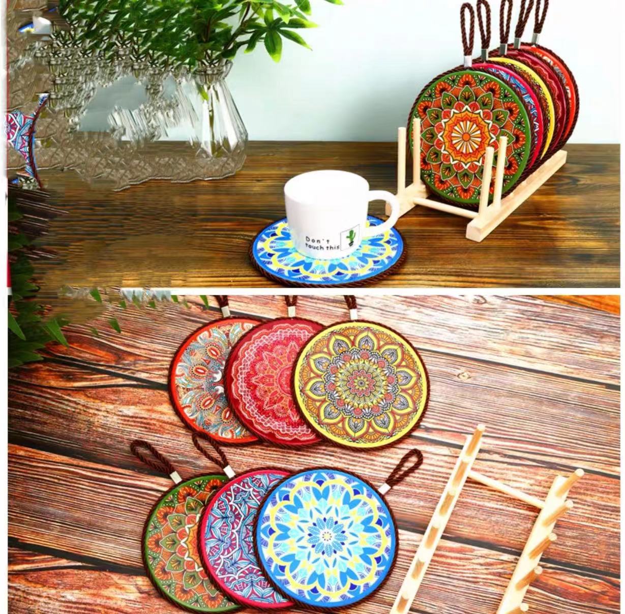 6 Bohemian Ceramic Table Cork Mat Set - 4 Seasons Home Gadgets