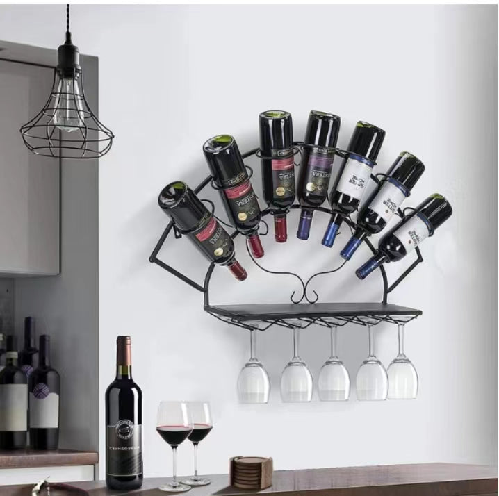 7 Bottle Wall Mounted Wine Bottle & Glass Rack in Black - 4 Seasons Home Gadgets