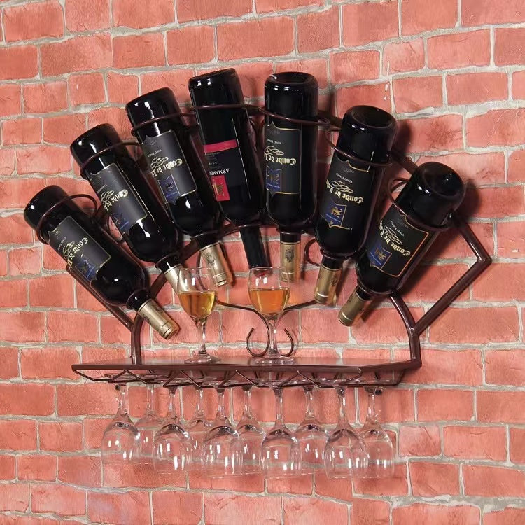 7 Bottle Wall Mounted Wine Bottle & Glass Rack in Black - 4 Seasons Home Gadgets