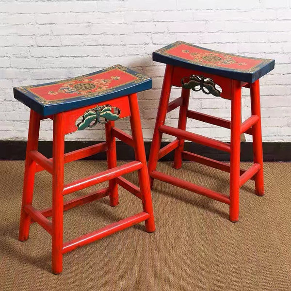 Asian  Vintage Solid Wood Vanity Stool - 4 Seasons Home Gadgets