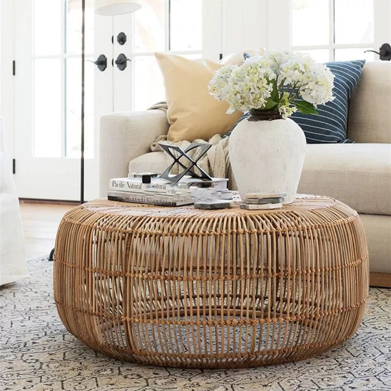 Ava Rattan Wicker Drum Coffee Table - 4 Seasons Home Gadgets