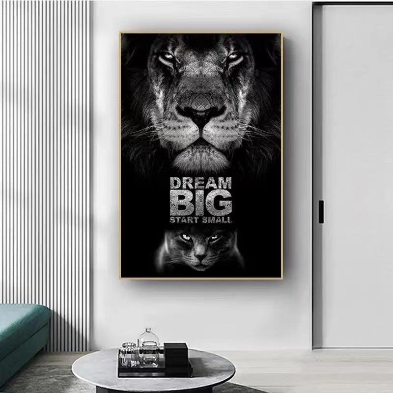 Black White Lion Dream Big Start Small Motivational Quote Wall Art - 4 Seasons Home Gadgets