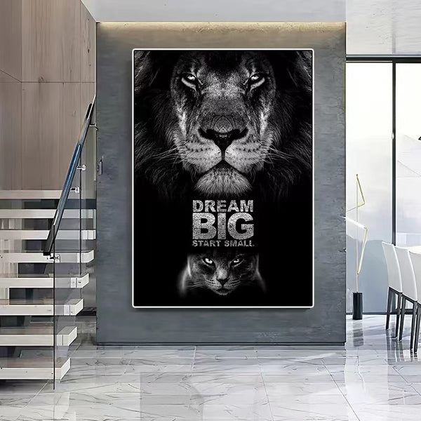 Black White Lion Dream Big Start Small Motivational Quote Wall Art - 4 Seasons Home Gadgets