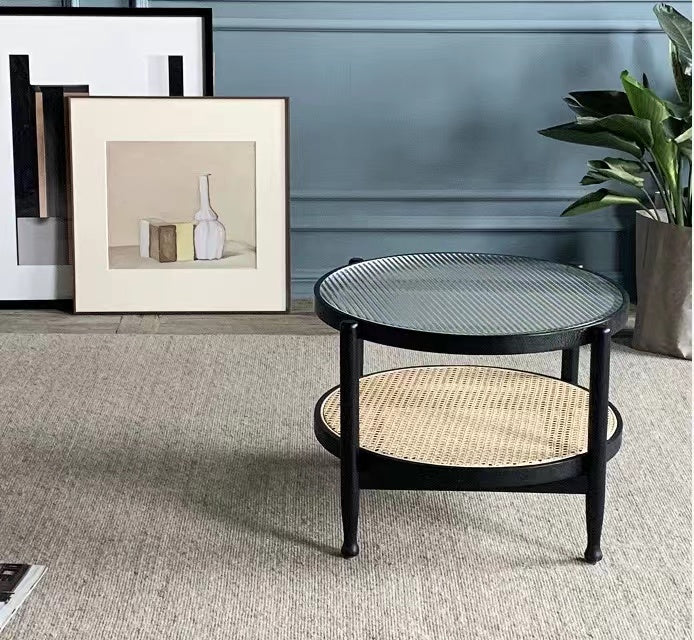 Double Shelf Glass & Bamboo Mesh Coffee Table - 4 Seasons Home Gadgets