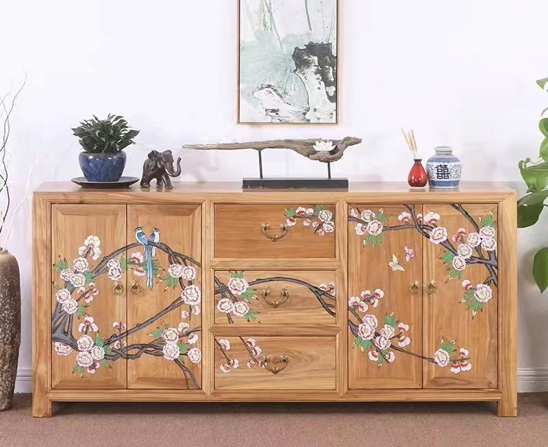 Elm Wood Hand Painted Sideboard Server Cabinet - 4 Seasons Home Gadgets