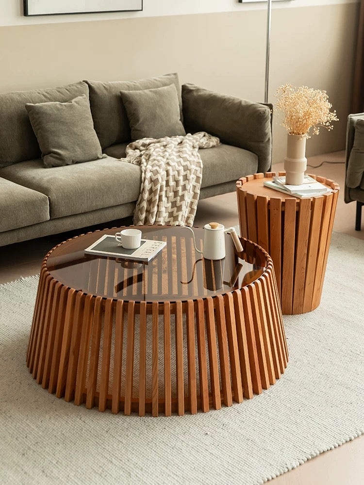 Glass Top Solid Wood Round Coffee Table - 4 Seasons Home Gadgets