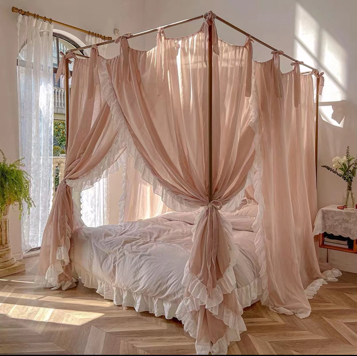 Gracie Linen Bed Canopy With Wood Frame - 4 Seasons Home Gadgets