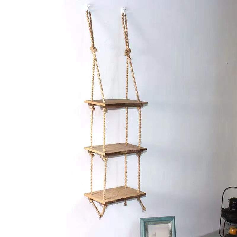 Hanging Wooden Rope Floating Shelves Set - 4 Seasons Home Gadgets