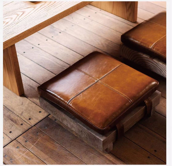 Leather Tatami Wood Stool - 4 Seasons Home Gadgets