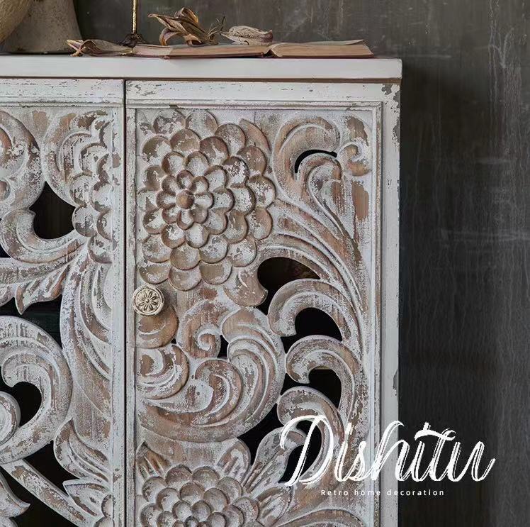 3 Doors Mango Wood Hand Carved Wooden Cabinet - 4 Seasons Home Gadgets