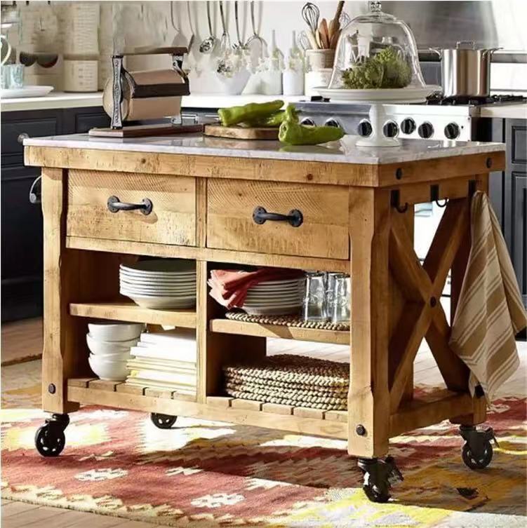 Marble Top Pine Wood Kitchen Island Cart - 4 Seasons Home Gadgets