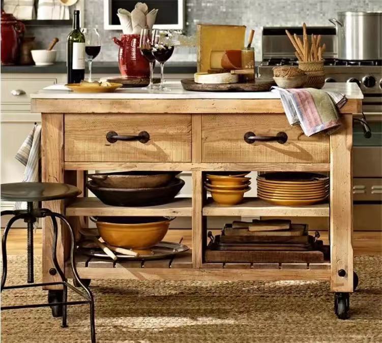 Marble Top Pine Wood Kitchen Island Cart - 4 Seasons Home Gadgets