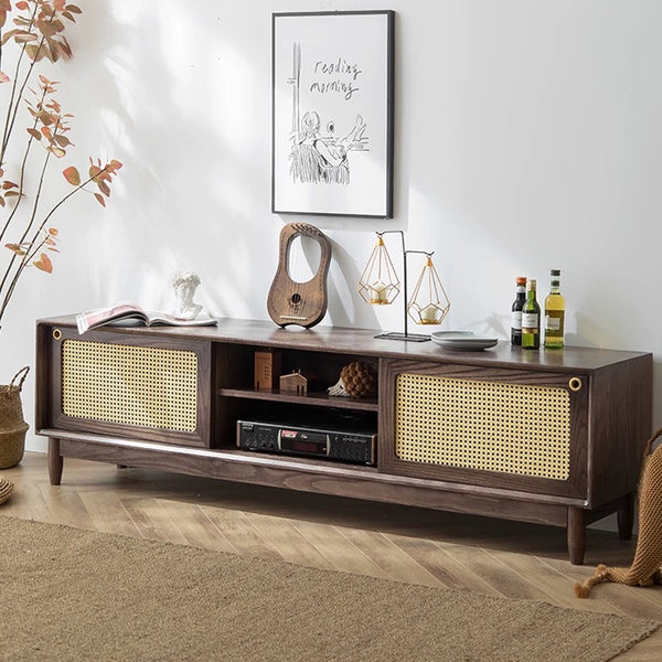 Mesh Rattan Walnut TV Stand - 4 Seasons Home Gadgets