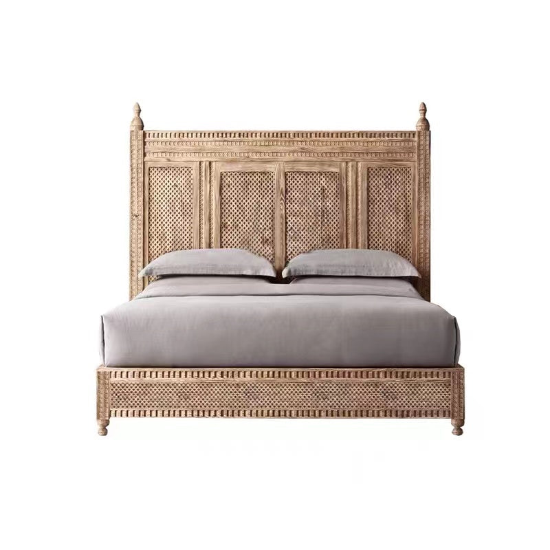 Mid-Century Rattan Headboard With Bed Frame - 4 Seasons Home Gadgets