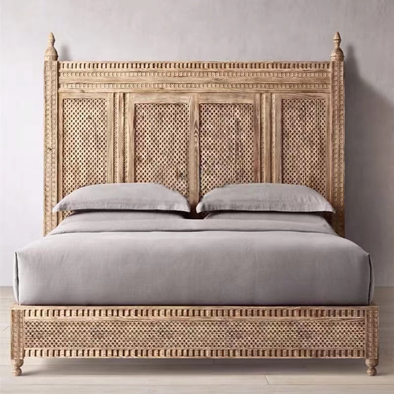 Mid-Century Rattan Headboard With Bed Frame - 4 Seasons Home Gadgets