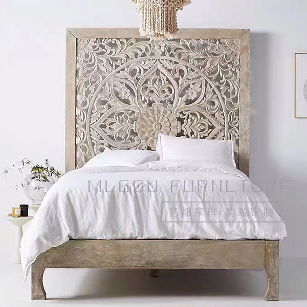 Oak Floral Panel Headboard & Bed Frame - 4 Seasons Home Gadgets