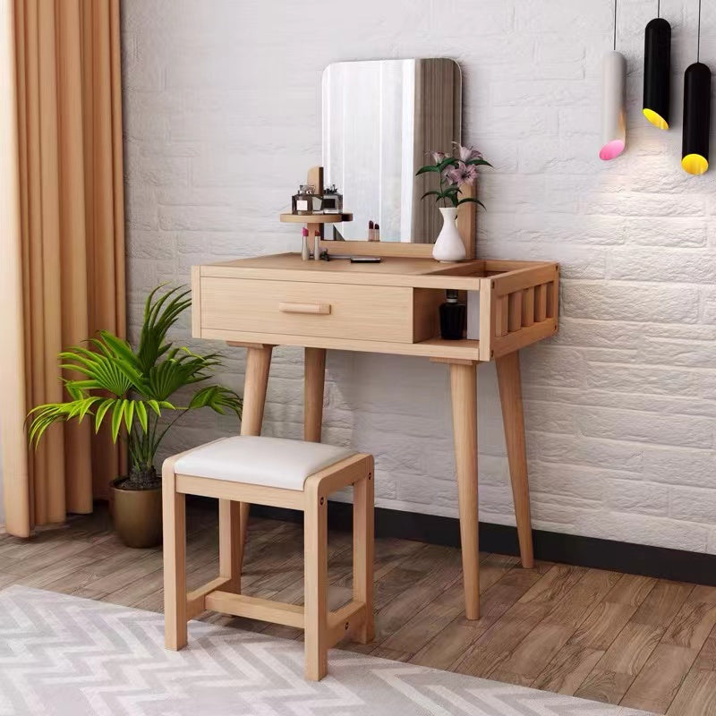 Oak Vanity Mirror Table With Chair Set - 4 Seasons Home Gadgets