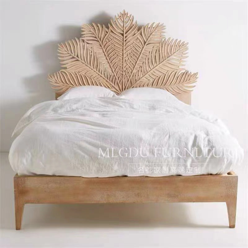 Palm Leaf Pine Panel Headboard With Bed Frame - 4 Seasons Home Gadgets