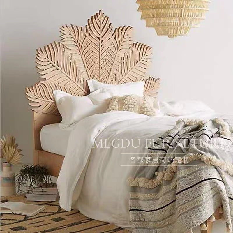 Palm Leaf Pine Panel Headboard With Bed Frame - 4 Seasons Home Gadgets