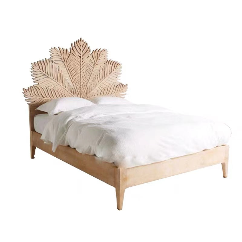 Palm Leaf Pine Panel Headboard With Bed Frame - 4 Seasons Home Gadgets