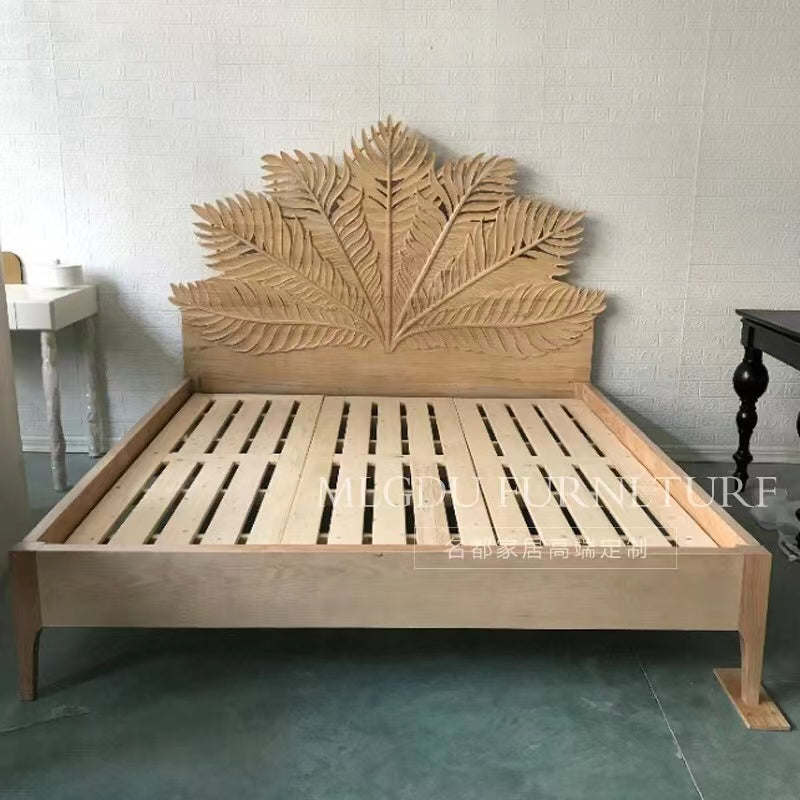 Palm Leaf Pine Panel Headboard With Bed Frame - 4 Seasons Home Gadgets