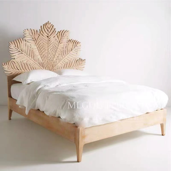 Palm Leaf Pine Panel Headboard With Bed Frame - 4 Seasons Home Gadgets