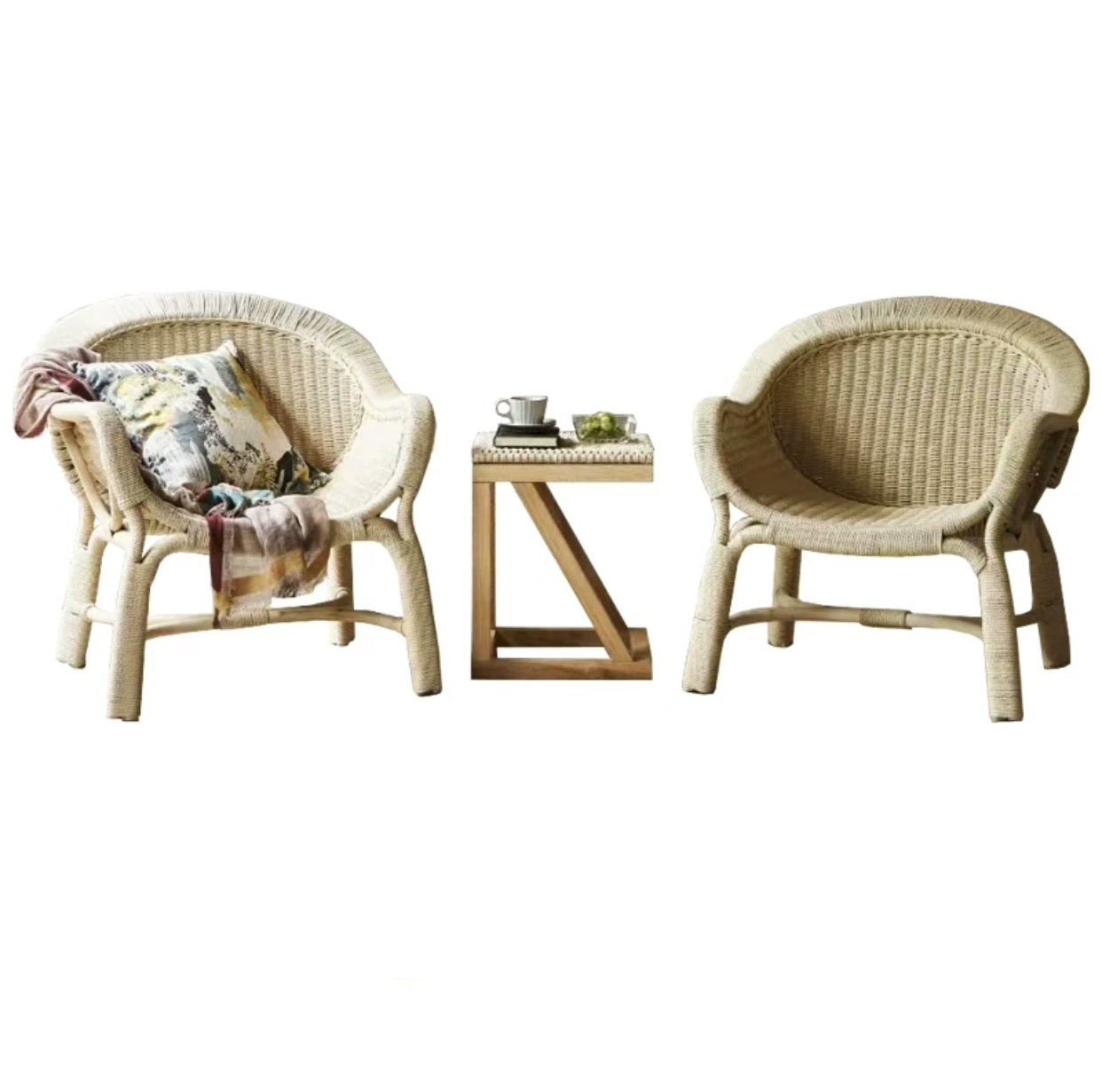 Rattan Bamboo Barrel Chair Side Table Set - 4 Seasons Home Gadgets