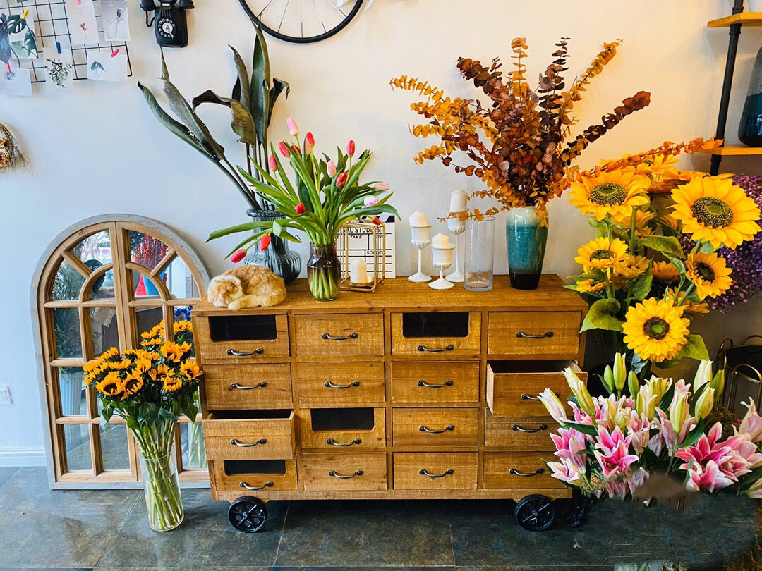 Rustic Wood Drawer Console Server Table With Wheel - 4 Seasons Home Gadgets