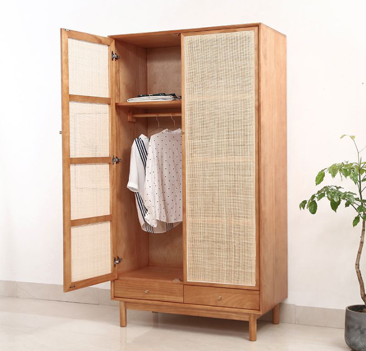 Solid Pine Rattan Mesh Armoire - 4 Seasons Home Gadgets