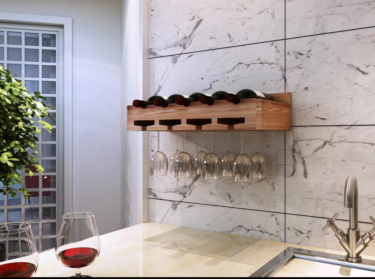 Solid Wood Wall Mounted Wine Bottle & Glass Rack - 4 Seasons Home Gadgets