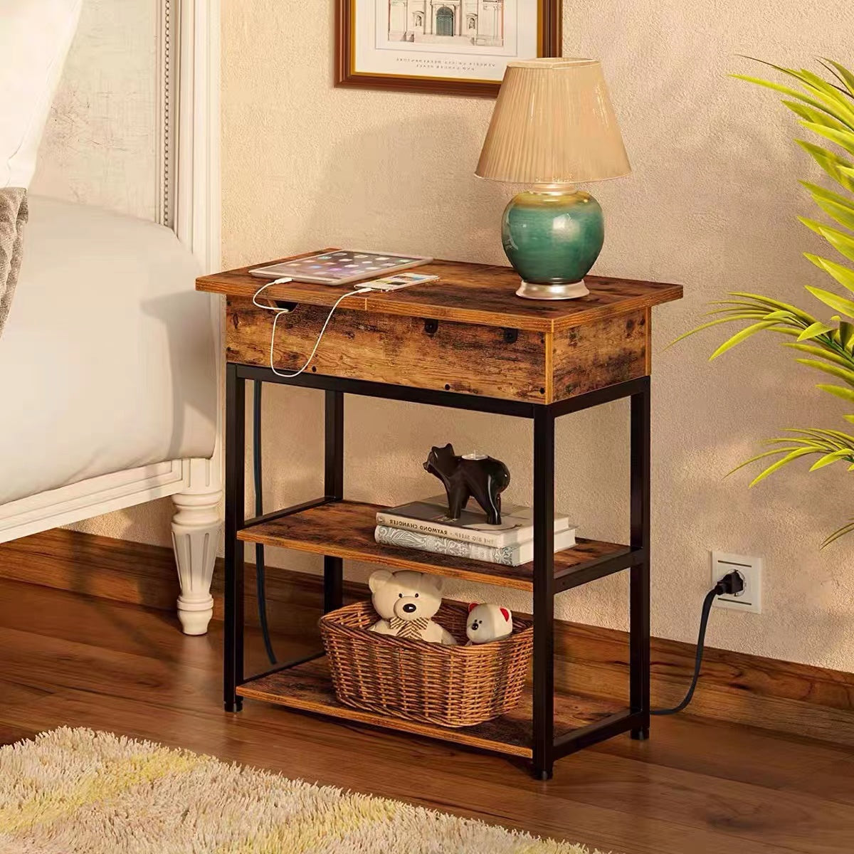 Tall End Table with Storage and Built-In Outlets - 4 Seasons Home Gadgets