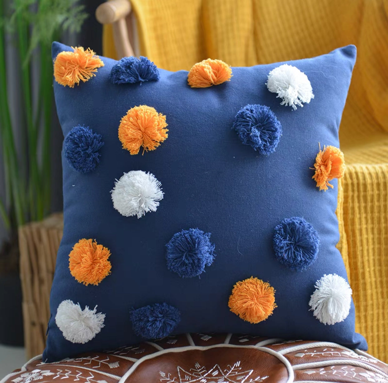 Tufted Pom Poms Square Cotton Cushion - 4 Seasons Home Gadgets