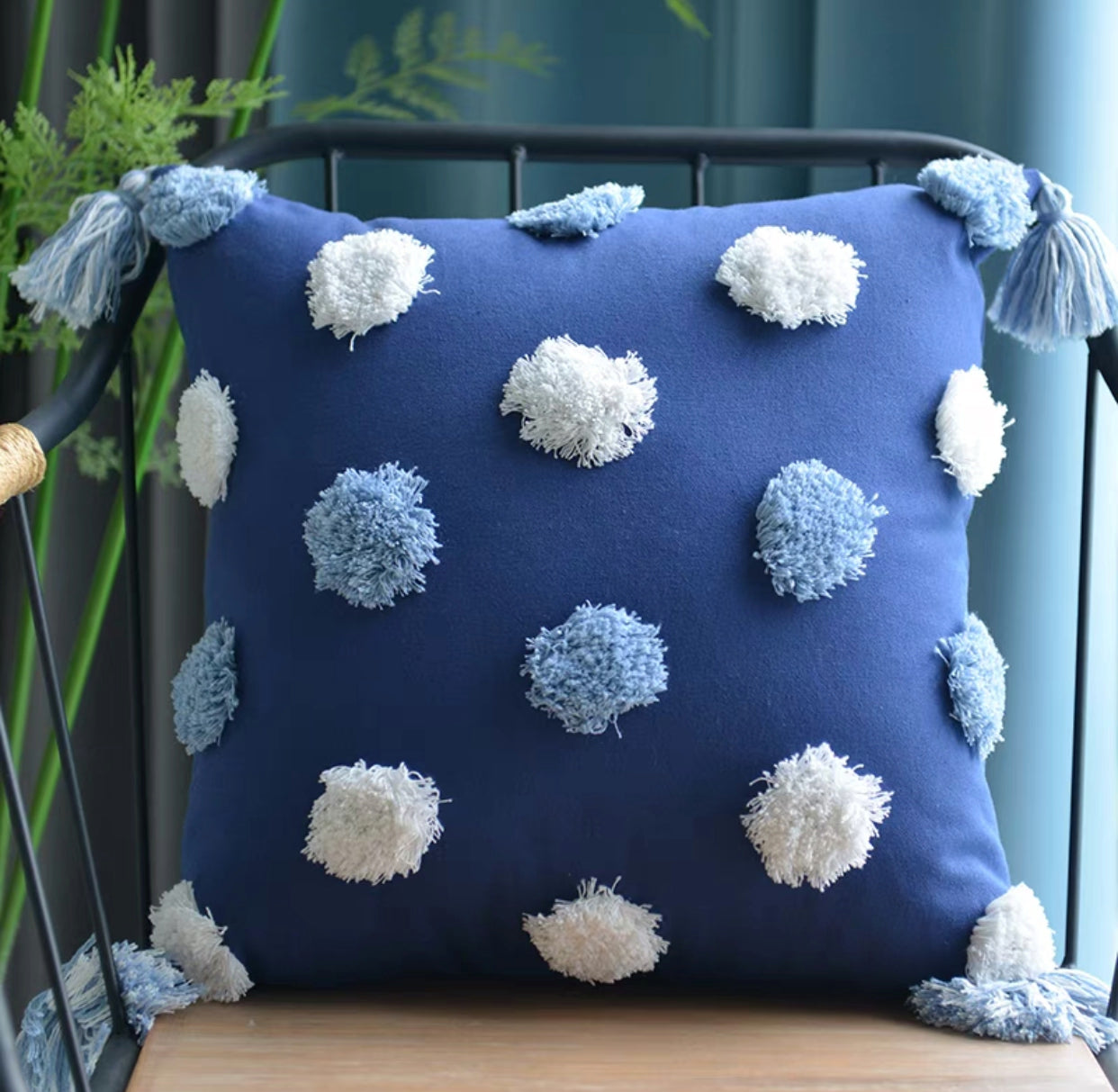 Tufted Pom Poms Square Cotton Cushion - 4 Seasons Home Gadgets