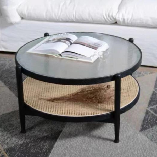 Double Shelf Glass & Bamboo Mesh Coffee Table - 4 Seasons Home Gadgets