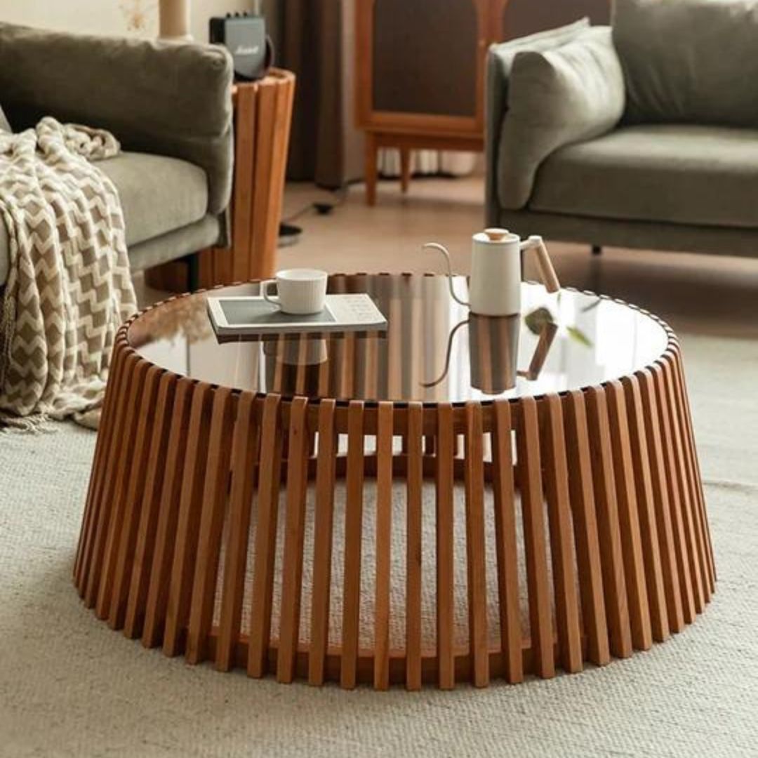 Glass Top Solid Wood Round Coffee Table - 4 Seasons Home Gadgets