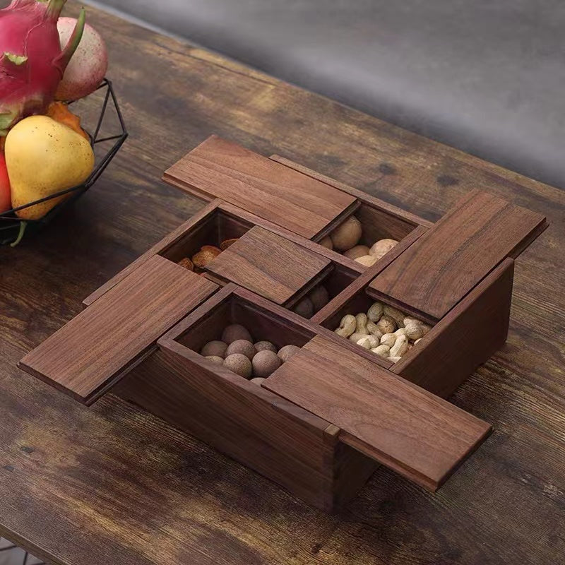 Walnut Divided Serving Tray Box With Lid - 4 Seasons Home Gadgets