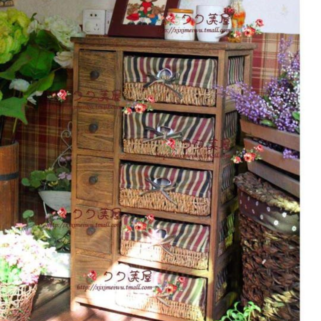 Wood Rattan Basket Cabinet - 4 Seasons Home Gadgets