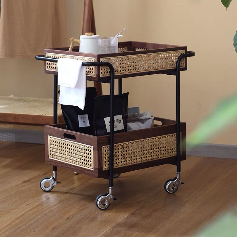 Wood Rattan Mesh Tray Rolling Cart - 4 Seasons Home Gadgets