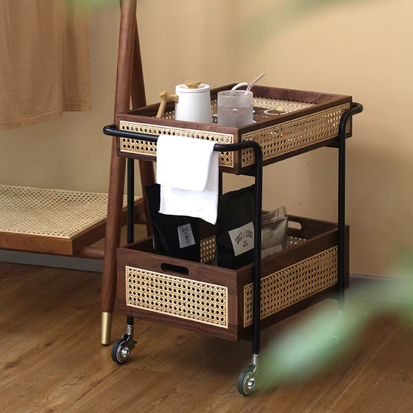 Wood Rattan Mesh Tray Rolling Cart - 4 Seasons Home Gadgets