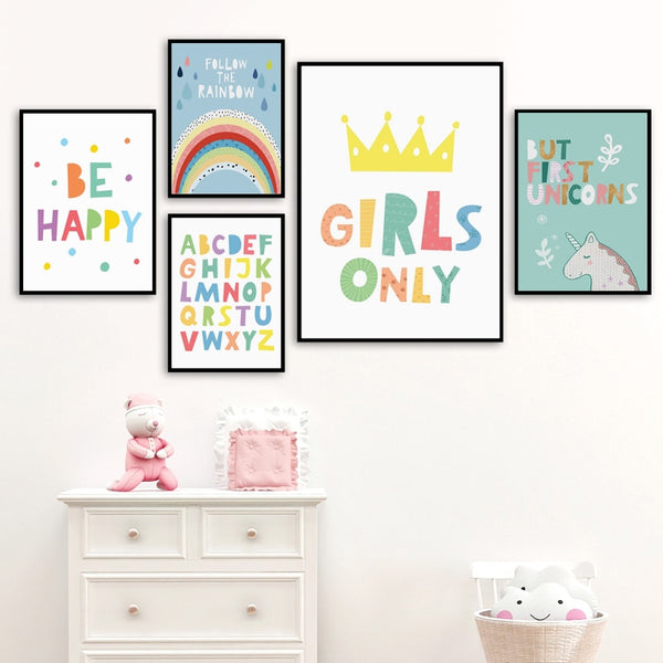 Happy Girls Unicorn Rainbow Wall Art - 4 Seasons Home Gadgets