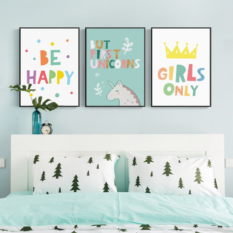 Happy Girls Unicorn Rainbow Wall Art - 4 Seasons Home Gadgets