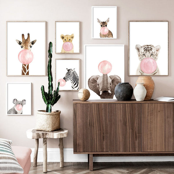 Pink Bubble Elephant Giraffe Wall Art - 4 Seasons Home Gadgets